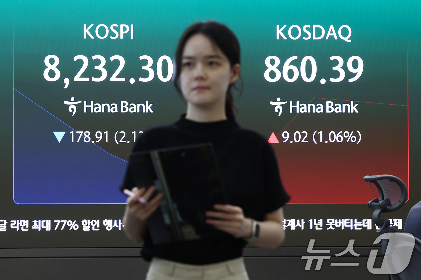 (서울=뉴스1) 김민지 기자 = 29일 오전 서울 중구 하나은행 딜링룸 전광판에 코스피, 코스닥 등 개장 시황이 나오고 있다.이날 코스피는 전 거래일(8411.21)보다 117.1 …
