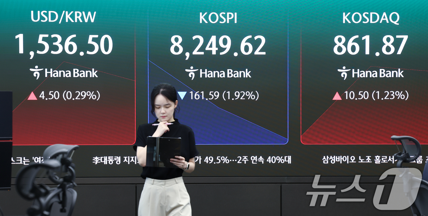 (서울=뉴스1) 김민지 기자 = 29일 오전 서울 중구 하나은행 딜링룸 전광판에 코스피, 코스닥 등 개장 시황이 나오고 있다.이날 코스피는 전 거래일(8411.21)보다 117.1 …