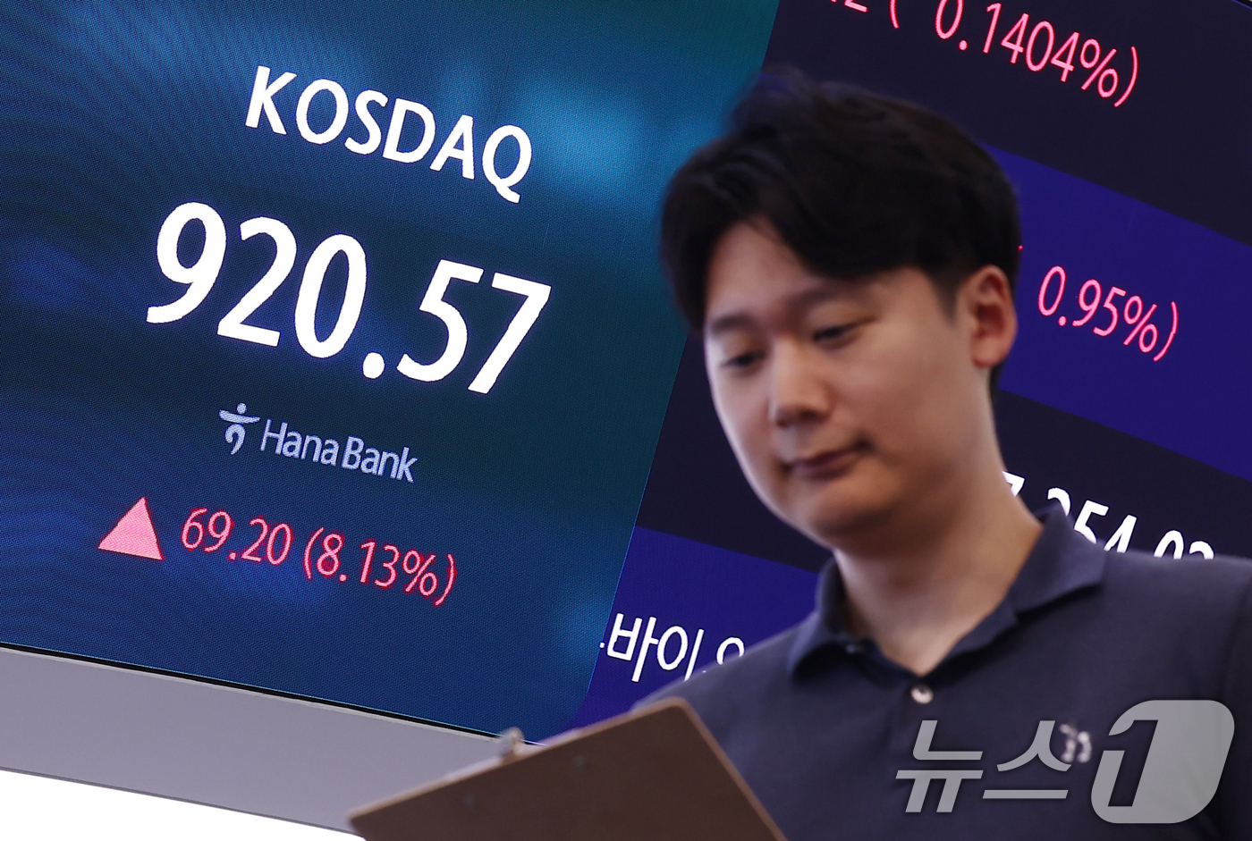 (서울=뉴스1) 김민지 기자 = 29일 오후 서울 중구 하나은행 딜링룸 전광판에 종가가 나오고 있다.이날 코스피는 전 거래일보다 0.2% 내린 8394.65, 코스닥은 전 거래일보 …