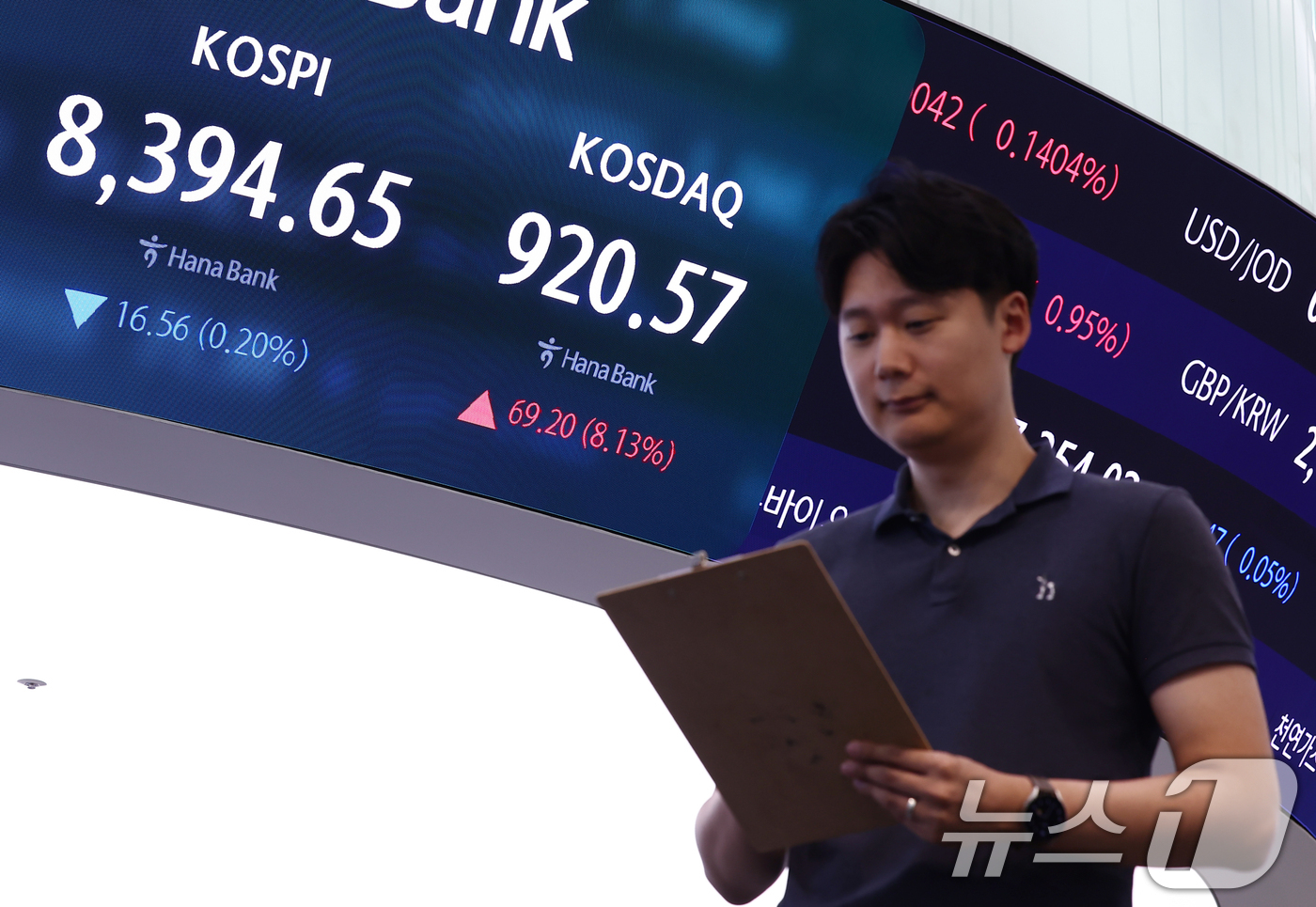 (서울=뉴스1) 김민지 기자 = 29일 오후 서울 중구 하나은행 딜링룸 전광판에 종가가 나오고 있다.이날 코스피는 전 거래일보다 0.2% 내린 8394.65, 코스닥은 전 거래일보 …