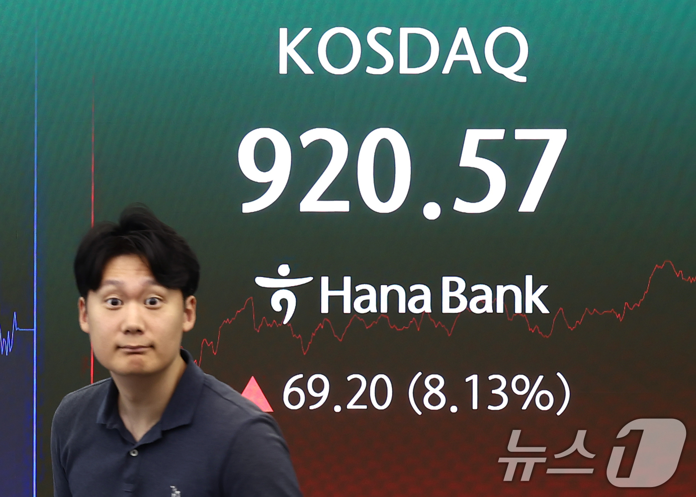 (서울=뉴스1) 김민지 기자 = 29일 오후 서울 중구 하나은행 딜링룸 전광판에 종가가 나오고 있다.이날 코스피는 전 거래일보다 0.2% 내린 8394.65, 코스닥은 전 거래일보 …
