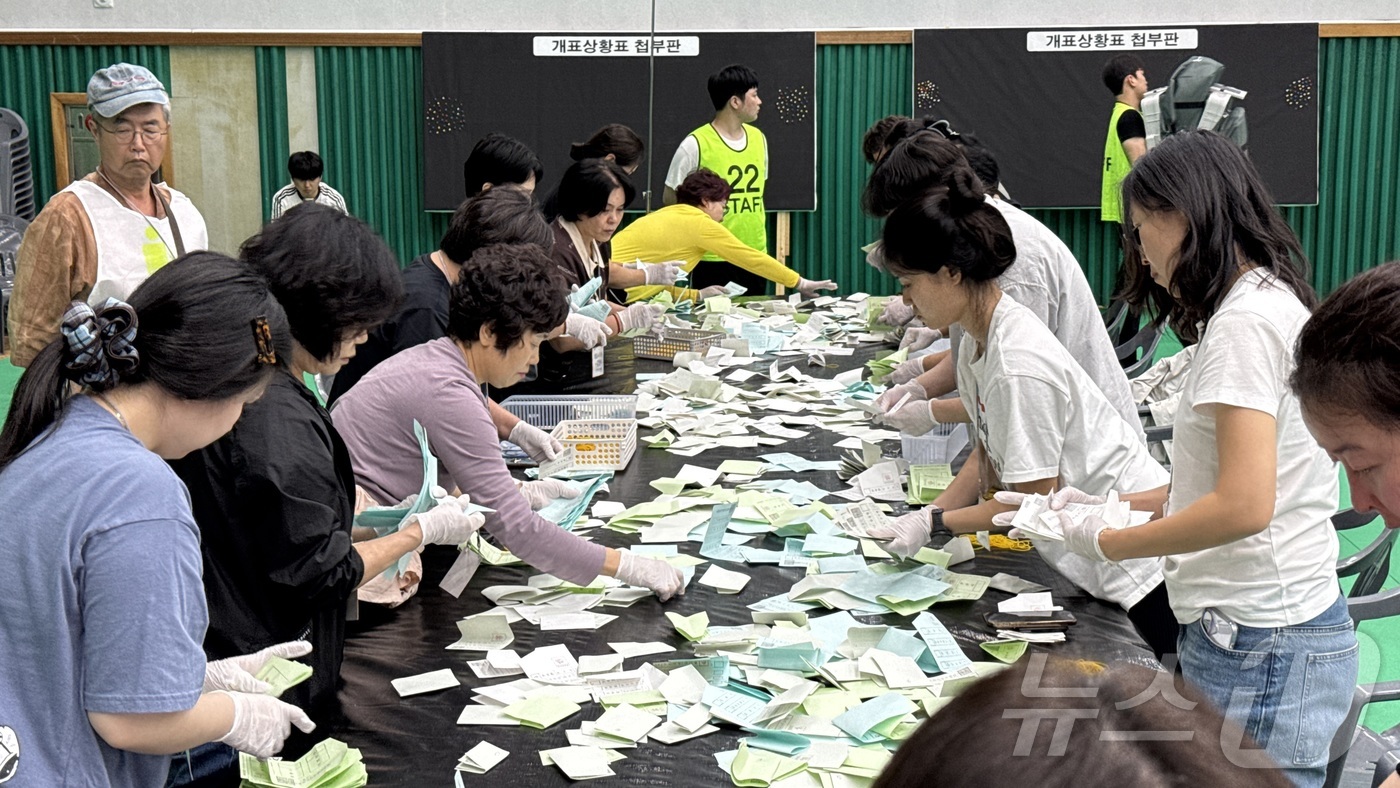 (제주=뉴스1) 홍수영 기자 = 제9회 전국동시지방선거일인 3일 오후 제주 서귀포시 남원읍 공천포전지훈련센터 다목적체육관에 마련된 서귀포시선관위 개표소에서 개표가 진행되고 있다.2 …
