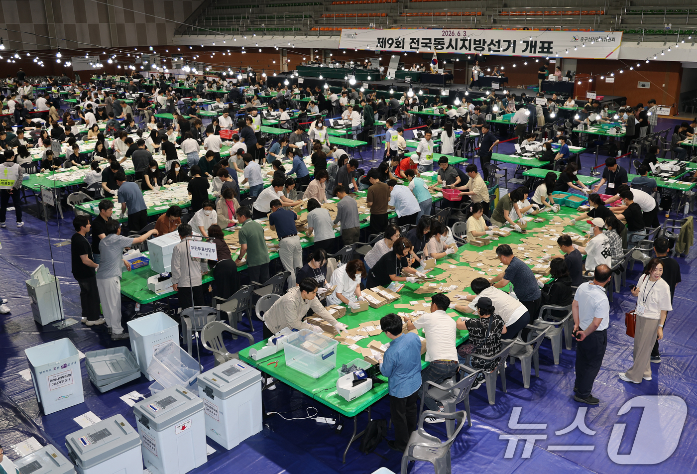 (대전=뉴스1) 김기태 기자 = 제9회 전국동시지방선거가 실시된 3일 대전 중구 한밭체육관에 마련된 개표소에서 개표 사무원들이 투표용지를 분류하고 있다. 2026.6.3/뉴스1