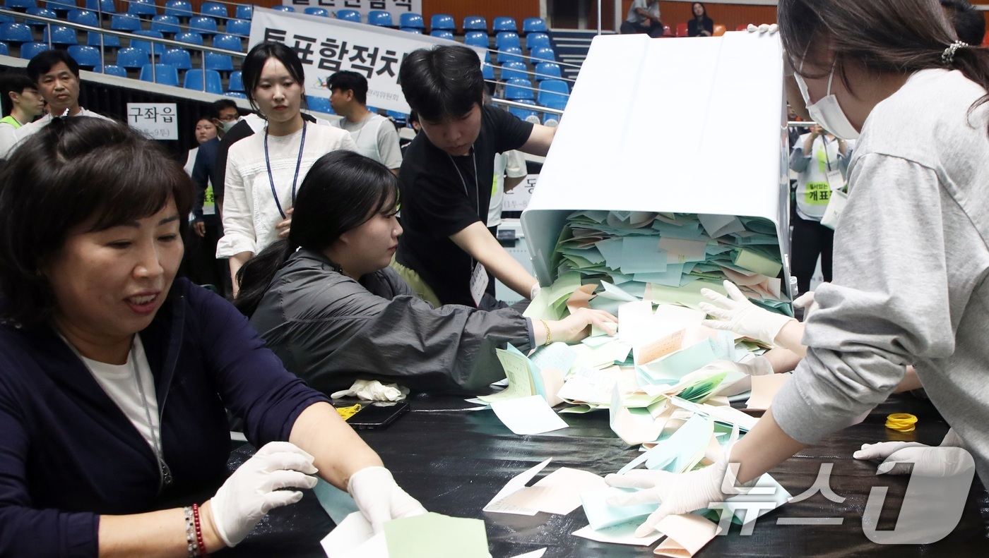 (제주=뉴스1) 고동명 기자 = 제9회 전국동시지방선거일인 3일 오후 제주시 한라체육관에서 개표 작업이 이뤄지고 있다.2026.6.3/뉴스1
