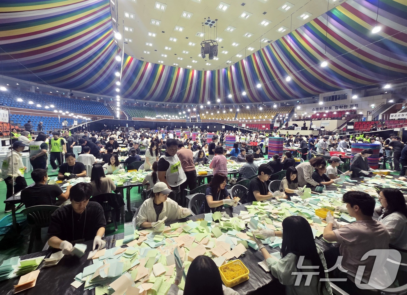 (제주=뉴스1) 고동명 기자 = 제9회 전국동시지방선거일인 3일 오후 제주시 한라체육관에서 개표 작업이 이뤄지고 있다.2026.6.3/뉴스1