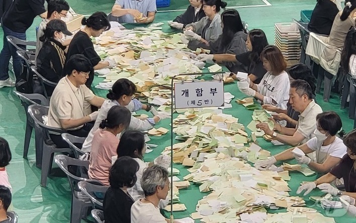 (원주=뉴스1) 신관호 기자 = 3일 강원 원주시 원주DB프로미아레나에서 선관위 개표사무원들이 제9회 전국동시지방선거 개표 작업을 하고 있다. 2026.6.3/뉴스1