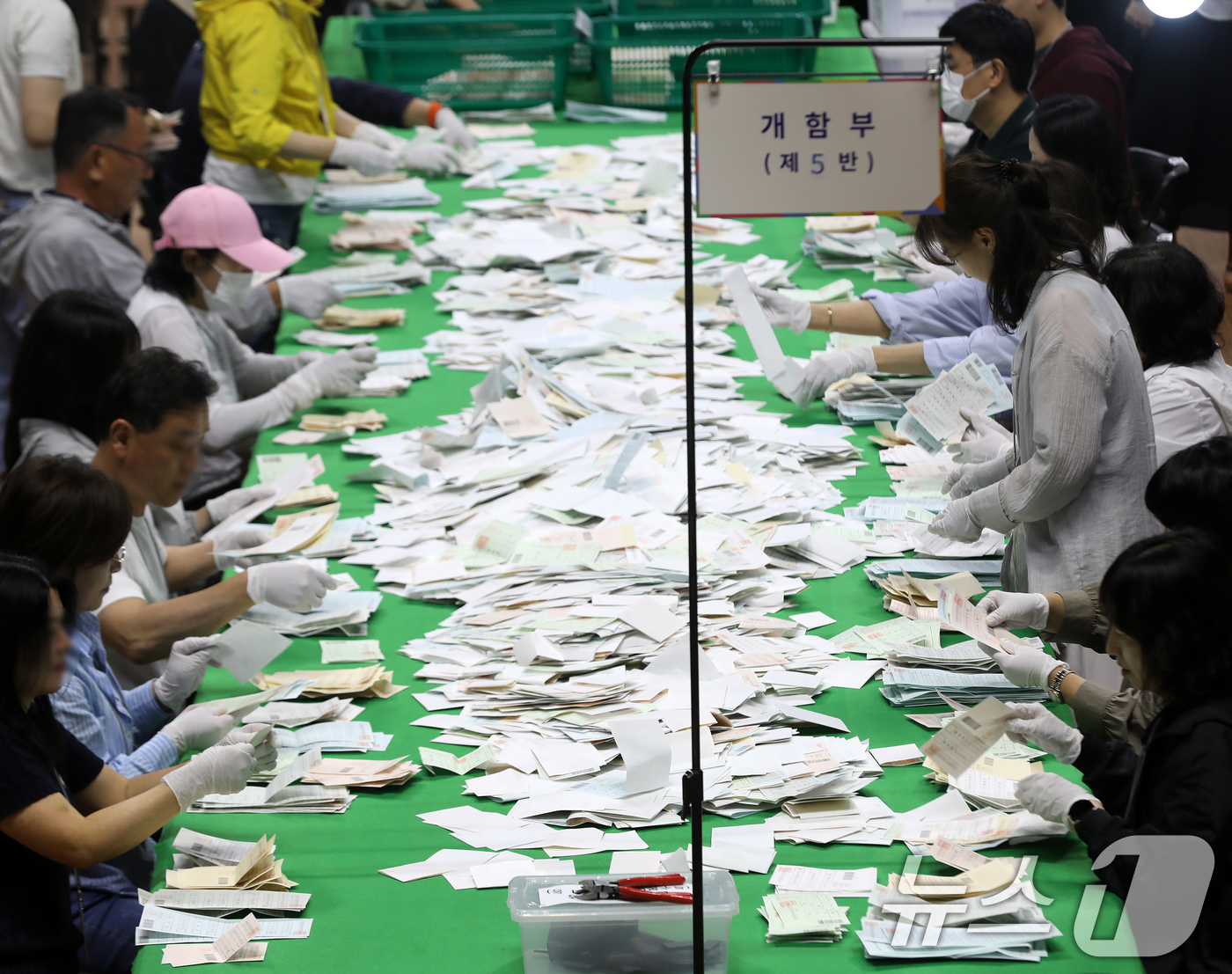 (부산=뉴스1) 윤일지 기자 = 제9회 전국동시지방선거 및 국회의원 재·보궐선거일인 3일 부산 동래구 사직실내체육관에 마련된 개표소에서 개표사무원들이 투표지 분류 작업을 하고 있다 …