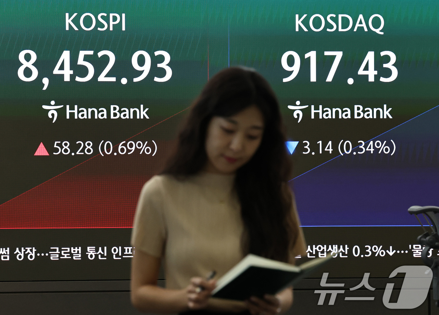 (서울=뉴스1) 구윤성 기자 = 29일 오전 서울 중구 하나은행 딜링룸 전광판을 통해 코스피, 코스닥 등 개장 시황이 송출되고 있다.이날 코스피는 전일 종가 대비 코스피 0.26% …