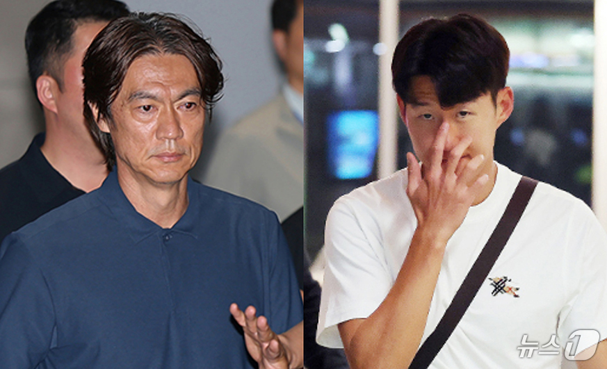 (서울=뉴스1) 안은나 임세영 기자 = 2026 북중미 월드컵 32강 진출 실패의 책임을 지고 사퇴 의사를 밝힌 홍명보 축구대표팀 감독(왼쪽)이 30일 새벽 인천국제공항 2터미널을 …