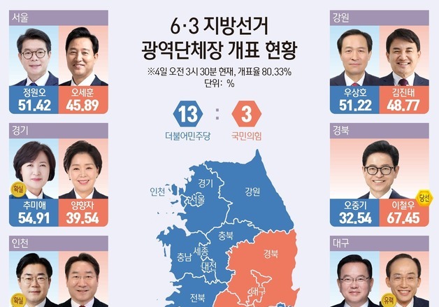 [그래픽] 6·3 지방선거 광역단체장 개표 현황(오전 3시 30분 기준)