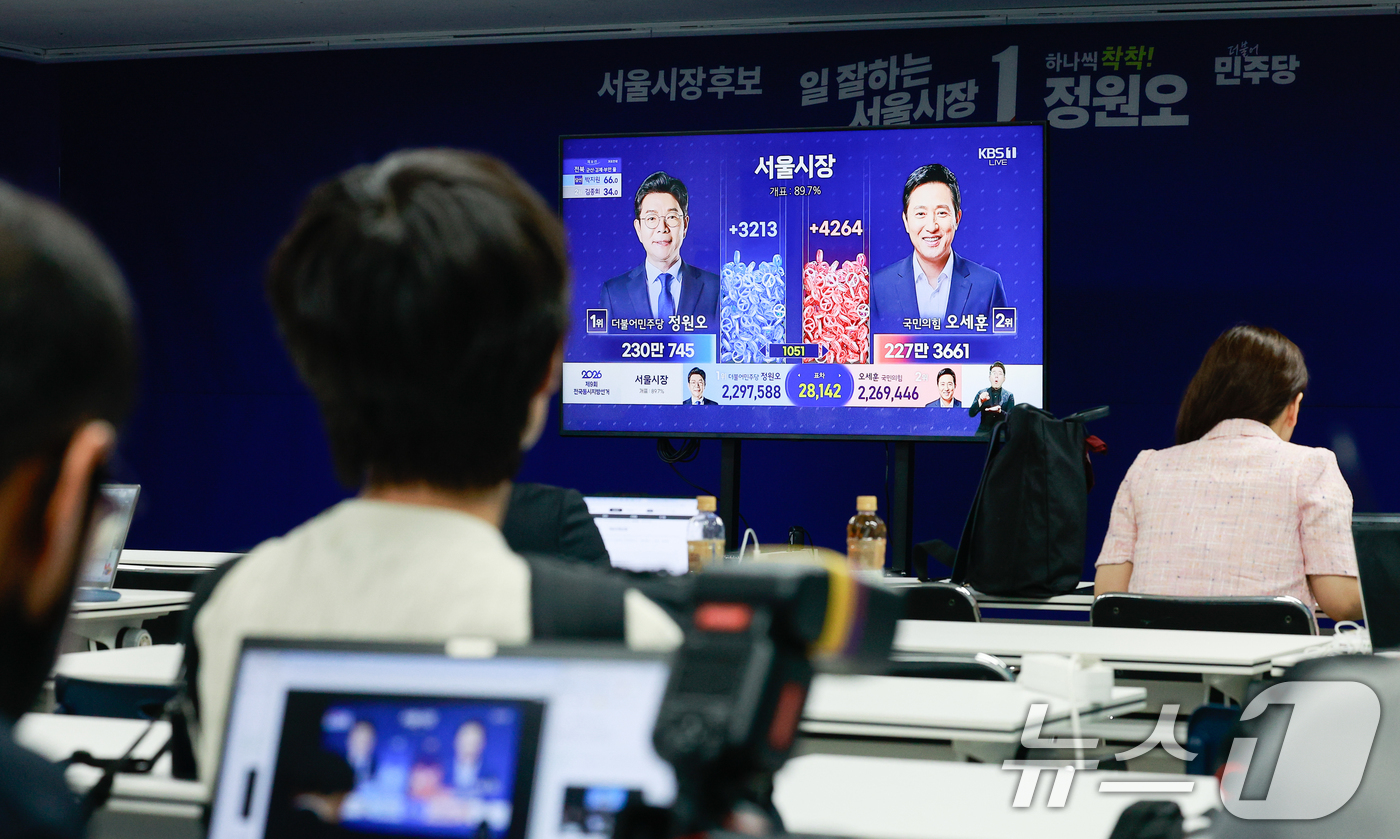 (서울=뉴스1) 안은나 기자 = 4일 오전 제9회 전국동시지방선거 정원오 더불어민주당 서울시장 후보, 오세훈 국민의힘 서울시장 후보 개표가 중계되고 있다. 2026.6.4/뉴스1