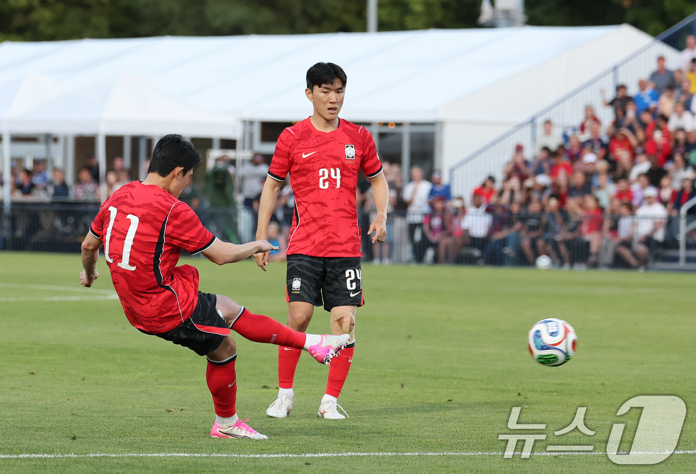 (프로보(유타주)=뉴스1) 임세영 기자 = 대한민국 축구대표팀 이동경이 3일(현지시간) 미국 유타주 솔트레이크시티 브리검 영 대학교 BYU 사우스필드 경기장에서 2026 국제축구연 …