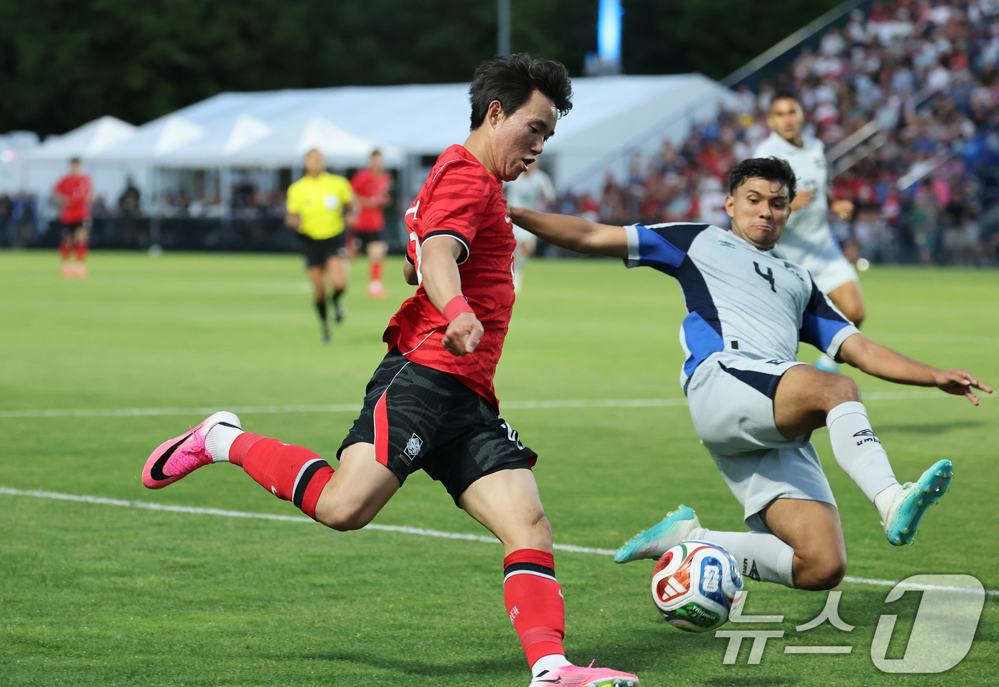(프로보(유타주)=뉴스1) 임세영 기자 = 대한민국 축구대표팀 양현준이 3일(현지시간) 미국 유타주 솔트레이크시티 브리검 영 대학교 BYU 사우스필드 경기장에서 2026 국제축구연 …