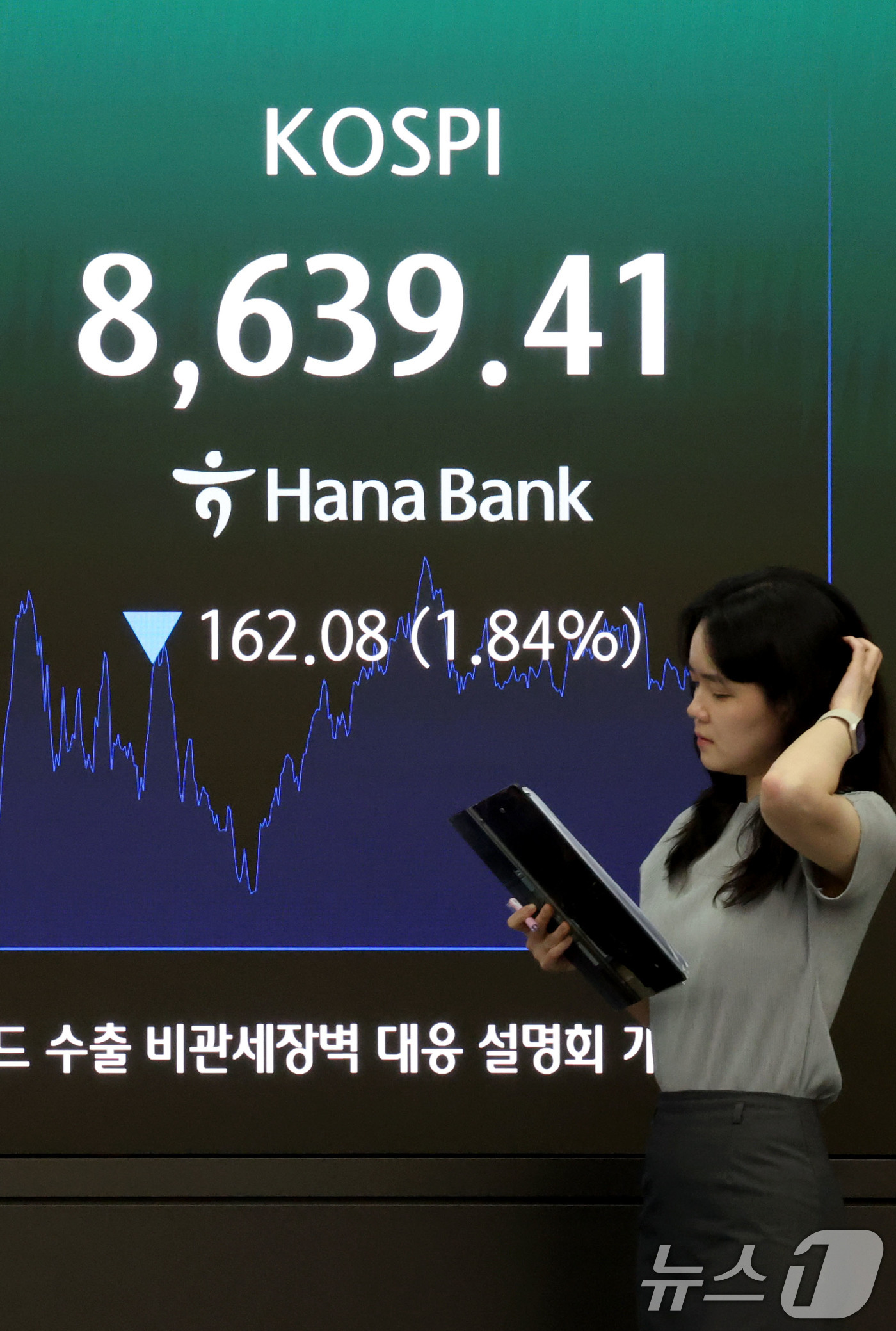 (서울=뉴스1) 이광호 기자 = 코스피 지수가 하락 마감한 4일 서울 중구 하나은행 딜링룸 현황판에 전장대비 162.08포인트(1.84%) 하락한 8,639.41을 나타내고 있다. …