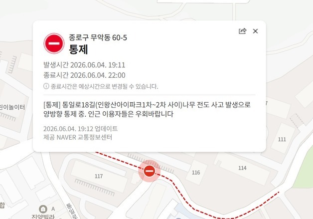 서울 종로구 아파트 단지 안 대형 나무 쓰러져 양방향 도로 통제