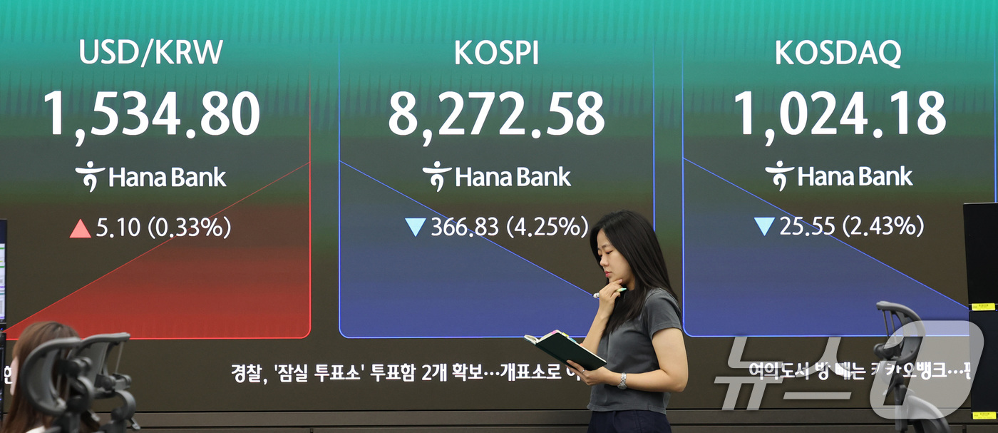 (서울=뉴스1) 박지혜 기자 = 코스피 지수가 급락한 5일 서울 중구 하나은행 딜링룸 전광판에 장초반 시황이 나타나고 있다. 2026.6.5/뉴스1
