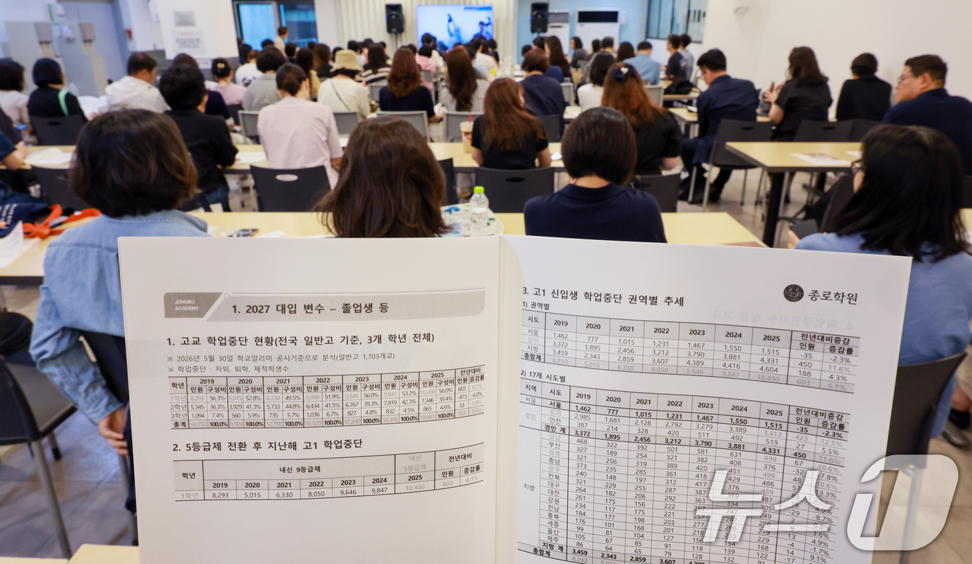 (서울=뉴스1) 이호윤 기자 = 7일 서울 강남구 강남종로학원 대강당에서 열린 종로학원 6월 모평 긴급분석 및 2027 대입 예측 설명회를 찾은 학부모들이 자료를 살펴보고 있다. …