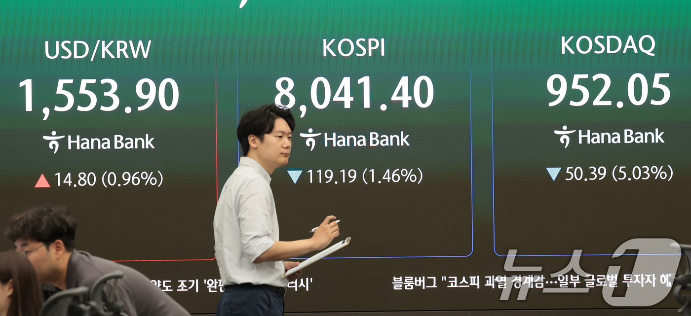 (서울=뉴스1) 권현진 기자 = 코스피 지수가 하락 출발한 8일 서울 중구 하나은행 딜링룸 전광판에 장초반 시황이 나타나고 있다. 이날 코스피는 개장과 함께 8% 폭락해 8000선 …