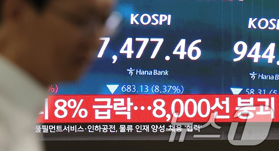 본문 이미지 - 코스피 지수가 하락 출발한 8일 서울 중구 하나은행 딜링룸 전광판에 장초반 시황이 나타나고 있다. 이날 코스피는 개장과 함께 8% 폭락해 8000선이 붕괴되며 서킷 브레이커가 발동됐다. 2026.6.8 ⓒ 뉴스1 권현진 기자