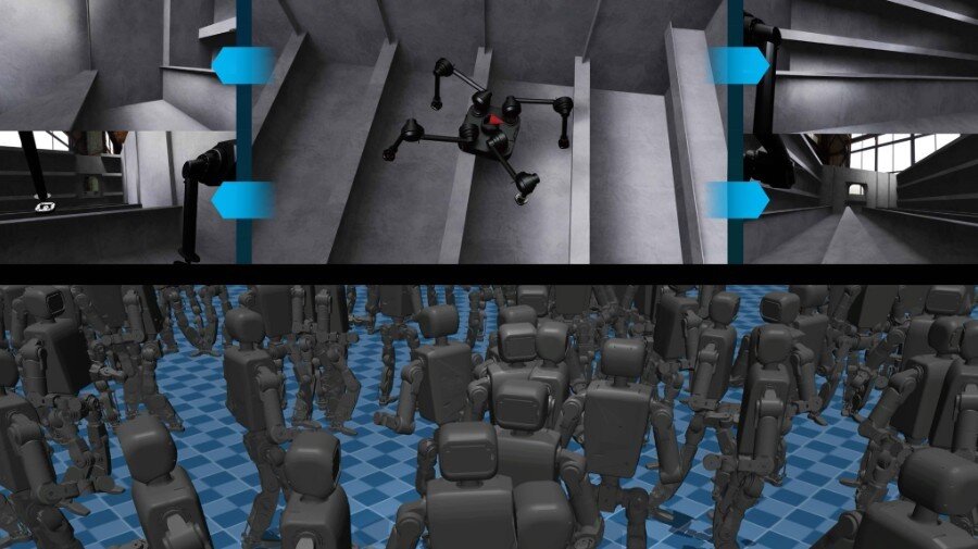 본문 이미지 - 엔비디아 아이작 심(NVIDIA Isaac Sim) 가상 환경에서 카메라로 주변 3D 구조를 인식하며 시각 데이터를 취득하는 디든 스파이더와 수천 개 환경을 동시에 구동해 보행을 대규모 병렬 학습 중인 디든 휴머노이드(디든로보틱스 제공)