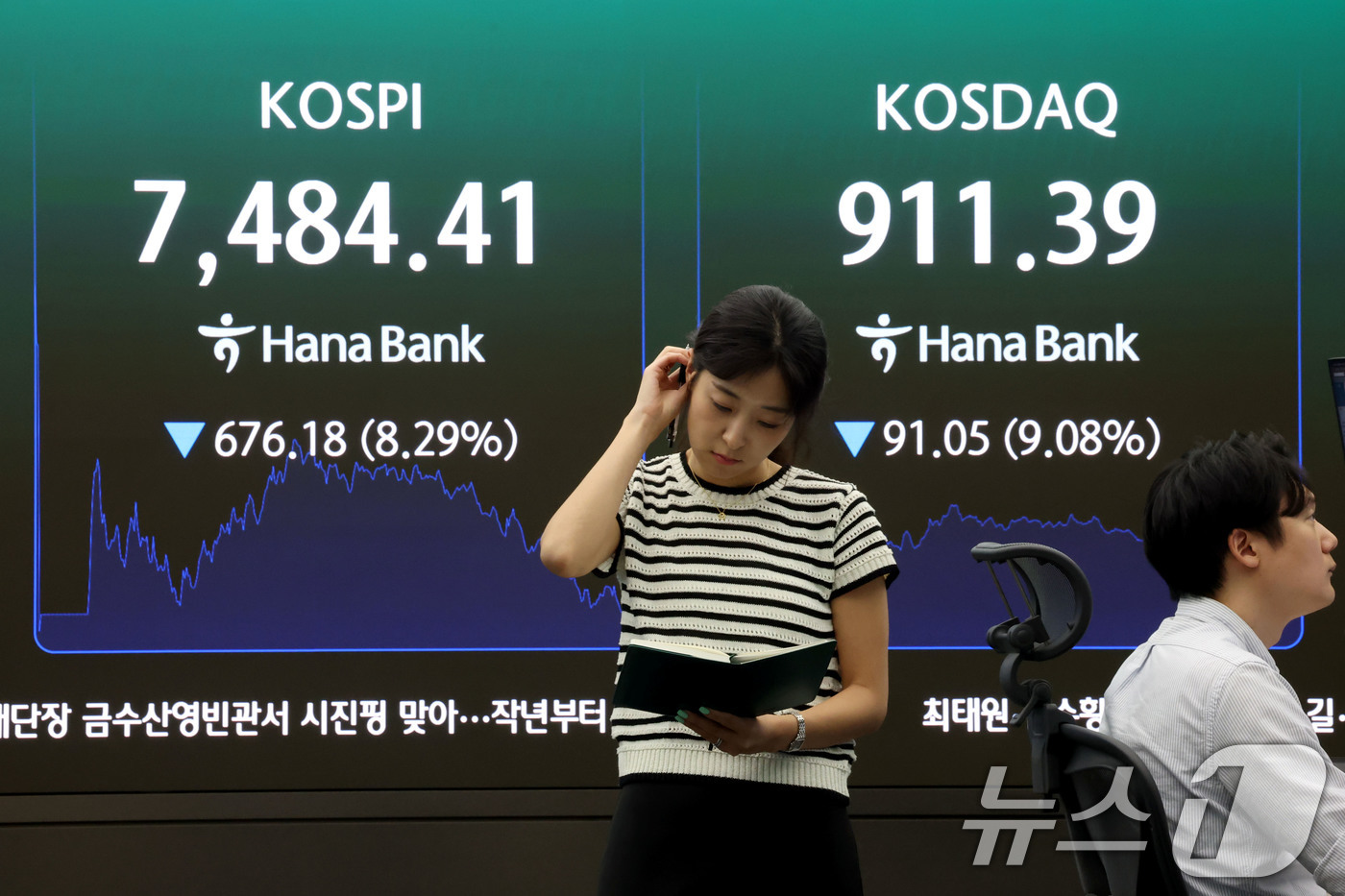 (서울=뉴스1) 이광호 기자 = 코스피 지수가 8%넘게 폭락 마감한 8일 오후 서울 중구 하나은행 딜링룸 현황판에 전장대비 676.18포인트(8.29%) 하락한 7.484.41을 …