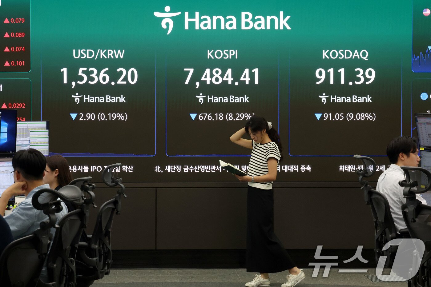 본문 이미지 - 코스피 지수가 8%넘게 폭락 마감한 8일 오후 서울 중구 하나은행 딜링룸 현황판에 전장대비 676.18포인트(8.29%) 하락한 7.484.41을 나타내고 있다. 이날 코스닥 지수는 전장대비 91.05포인트(9.08%) 하락한 911.39에 장을 마쳤으며 원달러환율은 2.90원(0.19%) 하락한 1,536.20원을 나타내고 있다. 2026.6.8 ⓒ 뉴스1 이광호 기자