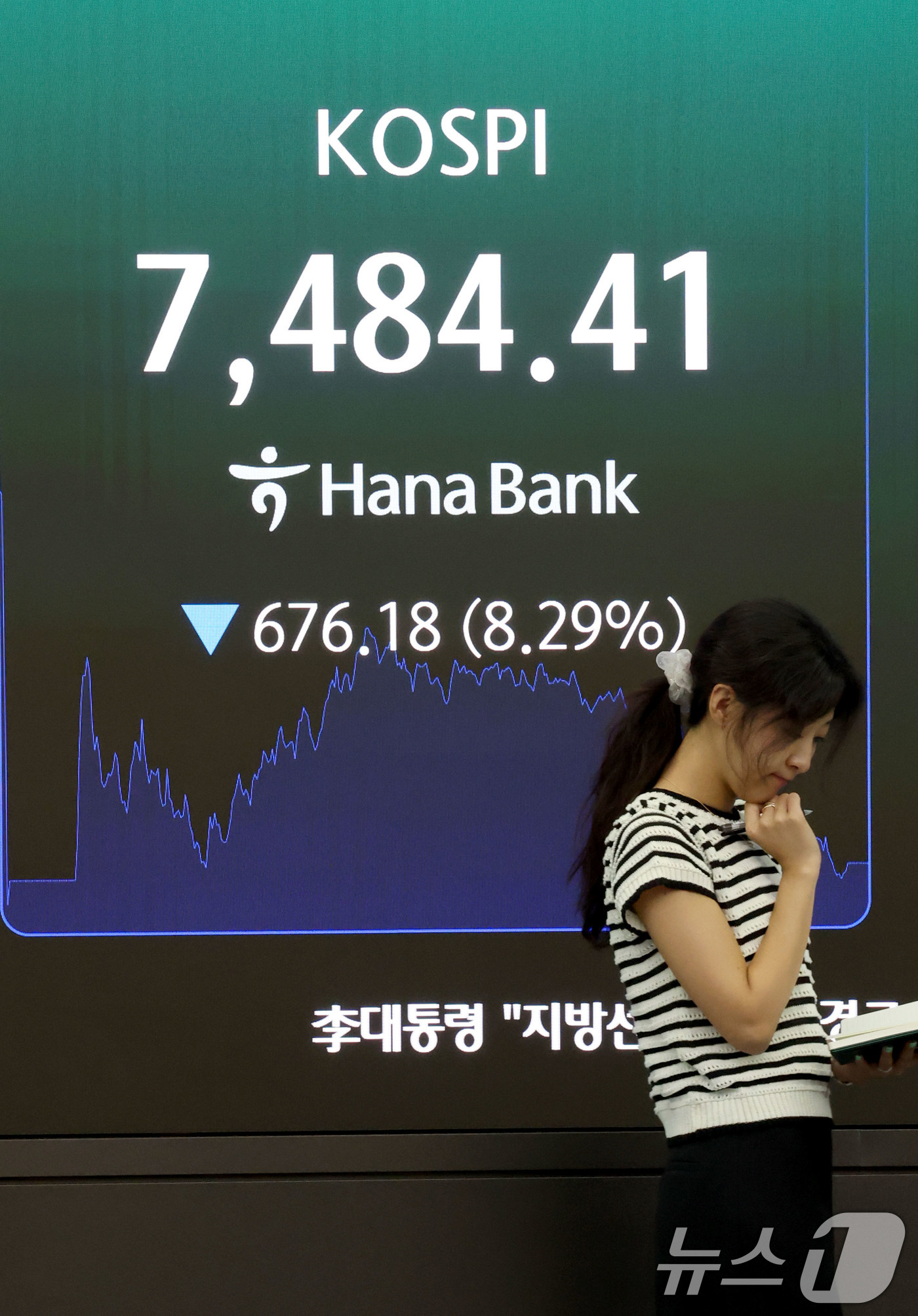 (서울=뉴스1) 이광호 기자 = 코스피 지수가 8%넘게 폭락 마감한 8일 오후 서울 중구 하나은행 딜링룸 현황판에 전장대비 676.18포인트(8.29%) 하락한 7.484.41을 …