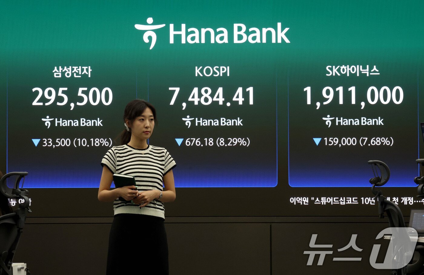본문 이미지 - 코스피 지수가 8%넘게 폭락 마감한 8일 오후 서울 중구 하나은행 딜링룸 현황판에 전장대비 676.18포인트(8.29%) 하락한 7.484.41을 나타내고 있다. 이날 삼성전자와 SK하이닉스는 10%, 7%대 하락세를 기록하며 각각 '30만전자'와 '200만닉스'가 무너졌다. 2026.6.8 ⓒ 뉴스1 이광호 기자