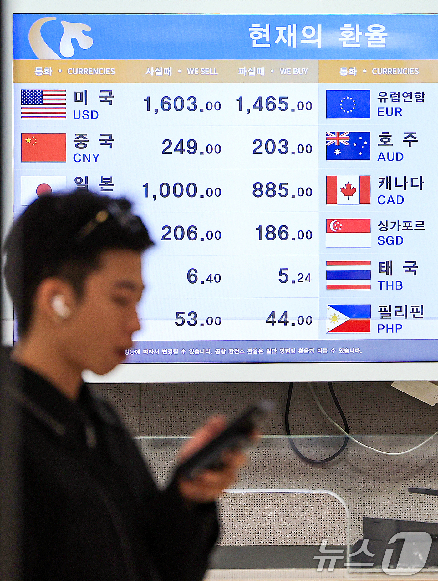 (김포공항=뉴스1) 이호윤 기자 = 원·달러환율이 17년3개월만에 가장 높은 1520원대까지 치솟은 9일 서울 강서구 김포공항 국제선청사 환전소에 환율 시세가 나오고 있다. 202 …