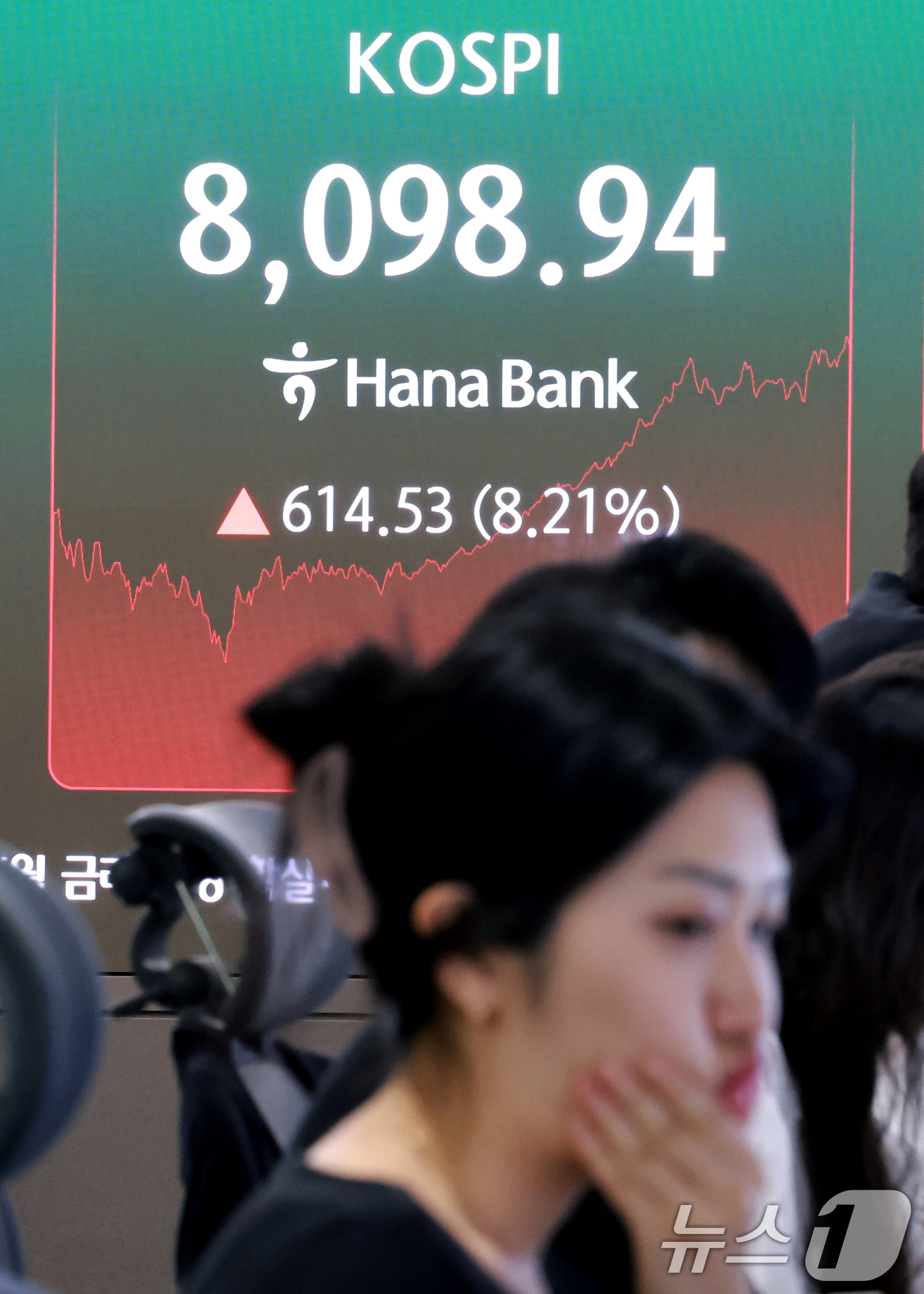 (서울=뉴스1) 이호윤 기자 = 9일 오후 서울 중구 하나은행 본점 딜링룸 전광판에 장중 코스피지수가 나오고 있다. 2026.6.9/뉴스1
