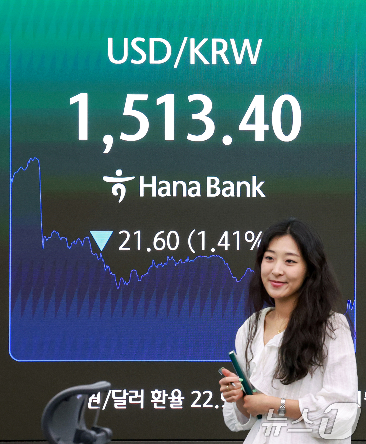 (서울=뉴스1) 이호윤 기자 = 9일 서울 중구 하나은행 본점 딜링룸 전광판에 환율이 표시되고 있다. 서울외환시장에서 달러·원 환율은 전일 대비 21.6원 내린 1513.4원에 거 …