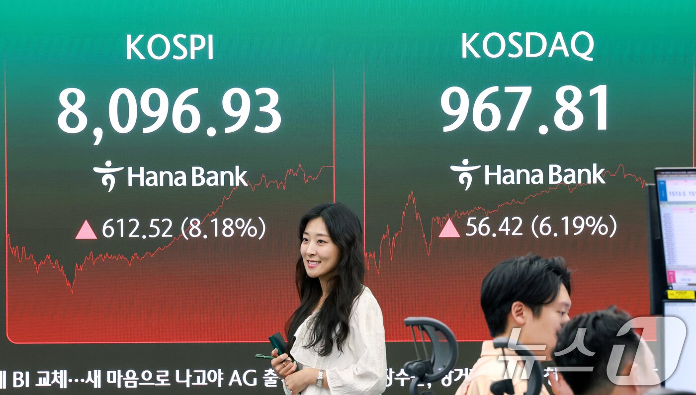 본문 이미지 - 9일 서울 중구 하나은행 본점 딜링룸 전광판에 종가가 나오고 있다. 이날 코스피는 전 거래일 대비 612.52포인트(p)(8.18%) 상승한 8096.93, 코스닥은 전 거래일 대비 56.42포인트(p)(6.19%) 오른 967.18로 마감했다. 2026.6.9 ⓒ 뉴스1 이호윤 기자