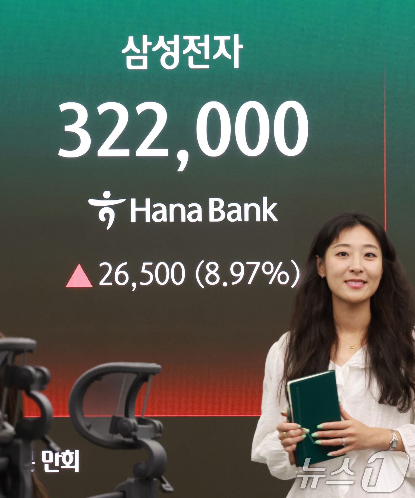 (서울=뉴스1) 이호윤 기자 = 9일 서울 중구 하나은행 본점 딜링룸 전광판에 종가가 나오고 있다. 삼성전자는 전 거래일 대비 26,500원(8.97%) 오른 322,000원에 마 …