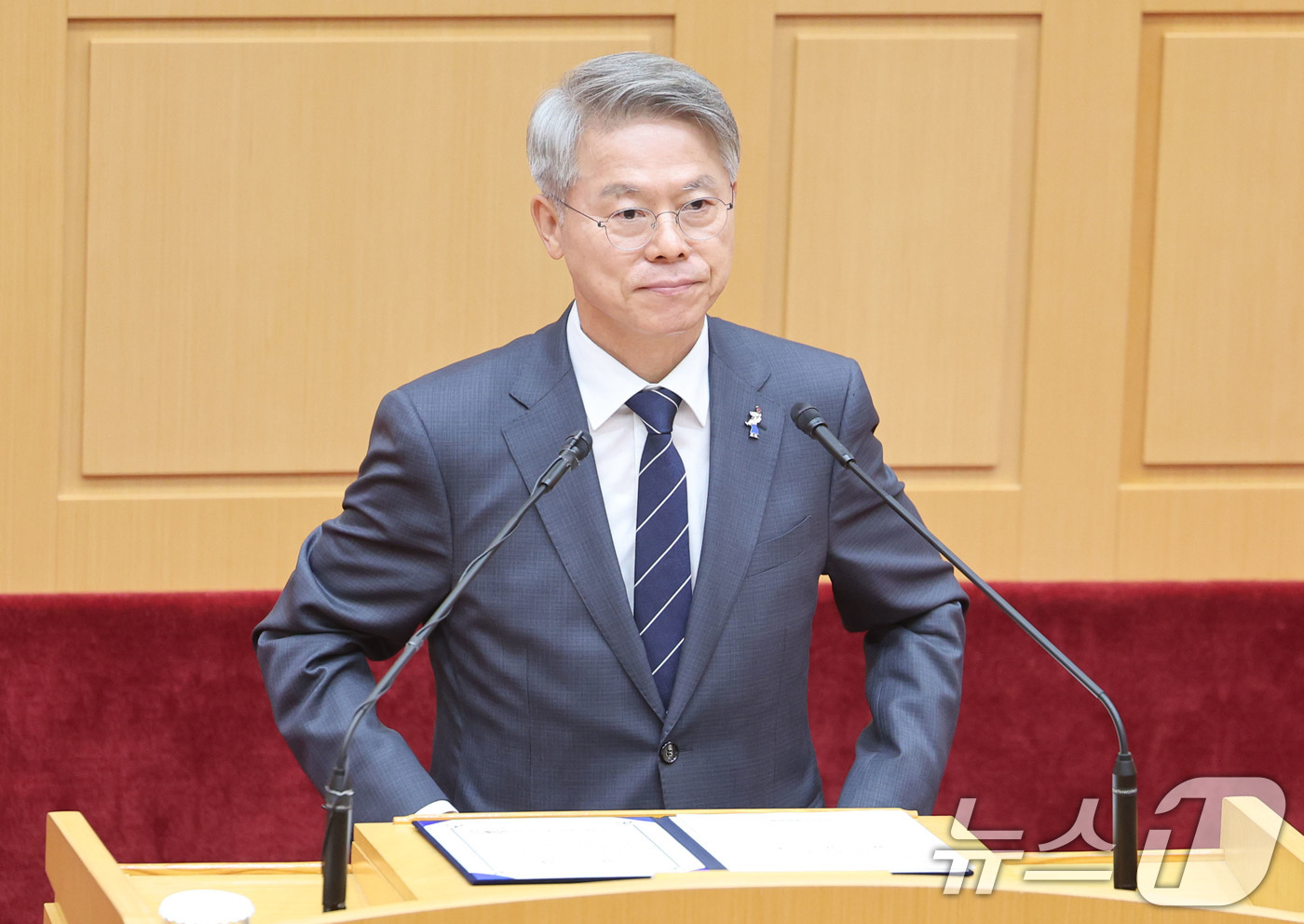 (무안=뉴스1) 박지현 기자 = 민형배 전남광주통합특별시장이 전남광주통합특별시가 공식 출범한 1일 전남도의회 본회의장에서 열린 제1회 임시회 제1차 본회의에서 취임사를 하고 있다. …