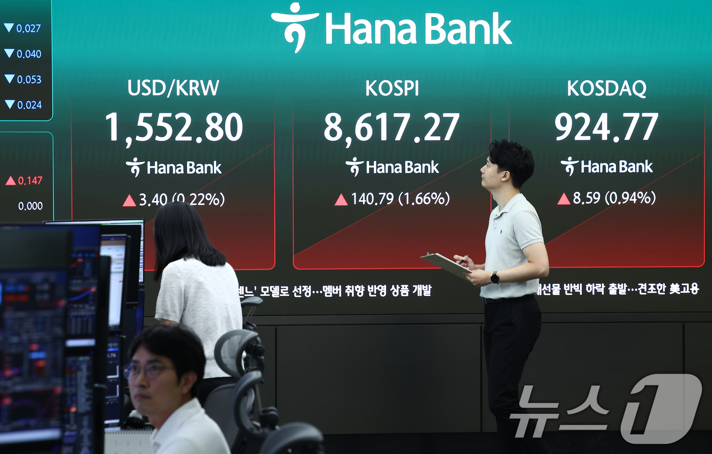(서울=뉴스1) 김민지 기자 = 코스피가 115.02p(1.36%) 오른 8591.5에 출발한 1일 오전 서울 중구 하나은행 본점 딜링룸 전광판에 개장 시황이 나오고 있다.이날 코 …