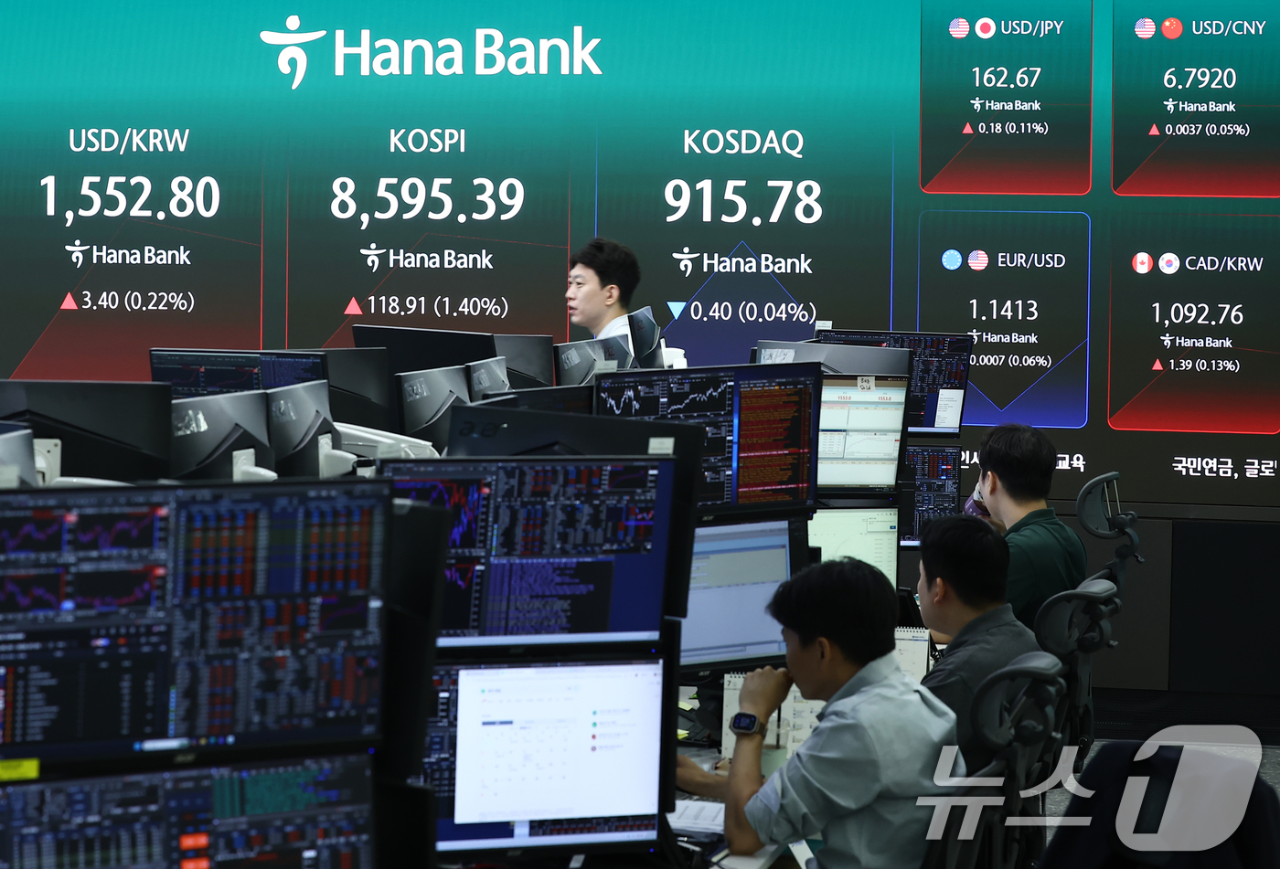 (서울=뉴스1) 김민지 기자 = 코스피가 115.02p(1.36%) 오른 8591.5에 출발한 1일 오전 서울 중구 하나은행 본점 딜링룸 전광판에 개장 시황이 나오고 있다.이날 코 …