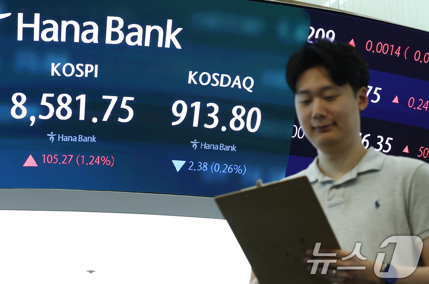 (서울=뉴스1) 김민지 기자 = 코스피가 115.02p(1.36%) 오른 8591.5에 출발한 1일 오전 서울 중구 하나은행 본점 딜링룸 전광판에 개장 시황이 나오고 있다.이날 코 …