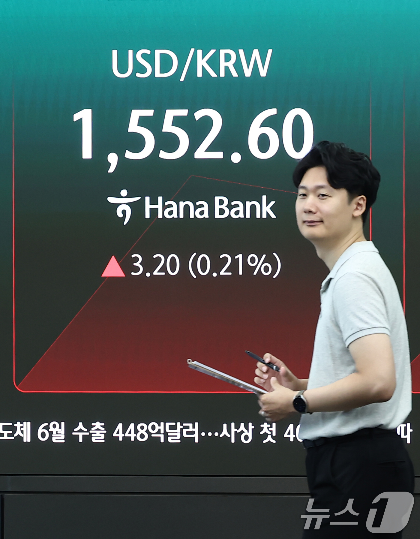 (서울=뉴스1) 김민지 기자 = 코스피가 115.02p(1.36%) 오른 8591.5에 출발한 1일 오전 서울 중구 하나은행 본점 딜링룸 전광판에 원·달러 환율이 나오고 있다.이날 …