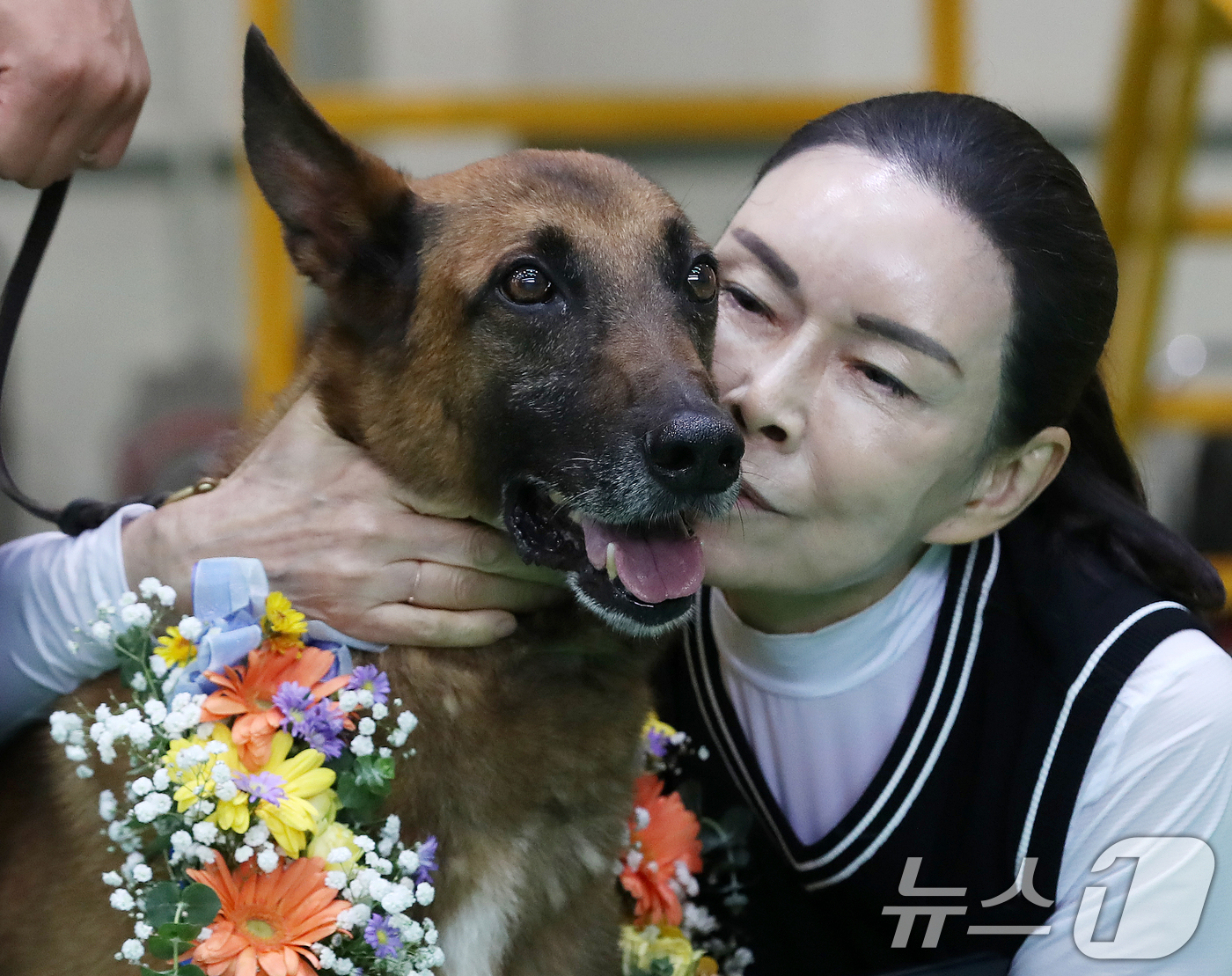 (부산=뉴스1) 윤일지 기자 = 1일 부산 해운대구 부산소방재난본부 119특수대응단에서 열린 119인명구조견 '충성' 은퇴식 및 새가족 맞이 행사에서 '충성'이가 새 가족인 윤문자 …