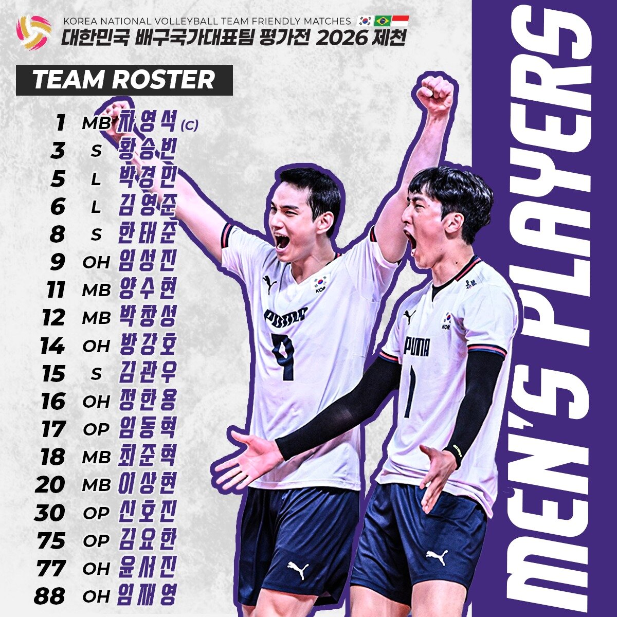 본문 이미지 -  남자 배구대표팀 명단(대한배구협회 제공)
