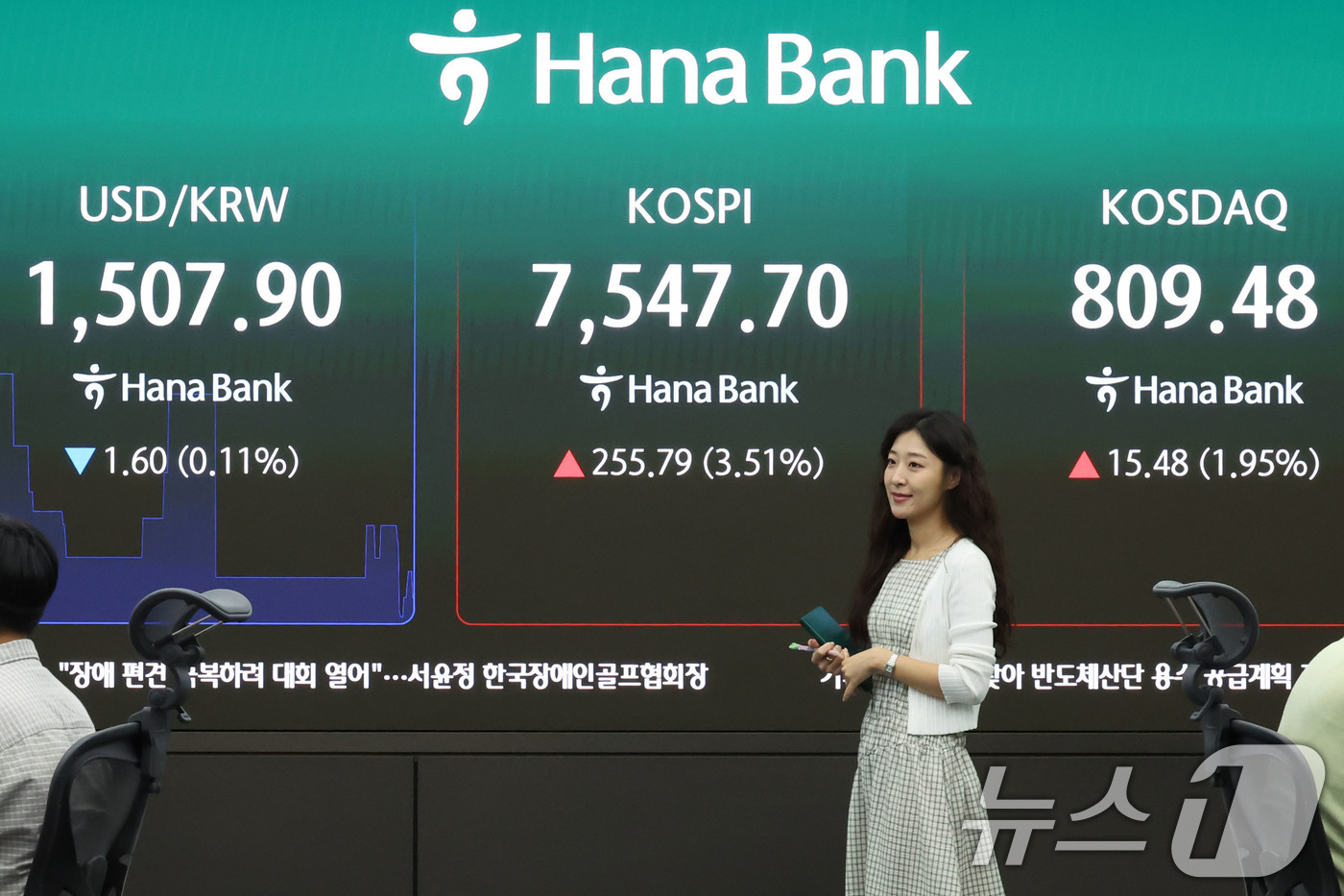 (서울=뉴스1) 이종수 기자 = 10일 오전 서울 중구 하나은행 딜링룸 전광판에 코스피, 코스닥 지수와 원달러 환율이 표시되고 있다. 이날 코스피 지수는 전 거래일 대비 260.5 …