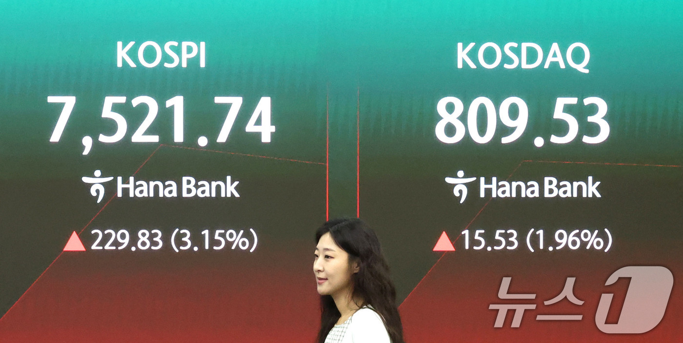 (서울=뉴스1) 이종수 기자 = 10일 오전 서울 중구 하나은행 딜링룸 전광판에 코스피와 코스닥 지수가 표시되고 있다. 이날 코스피 지수는 전 거래일 대비 260.58p(3.57% …