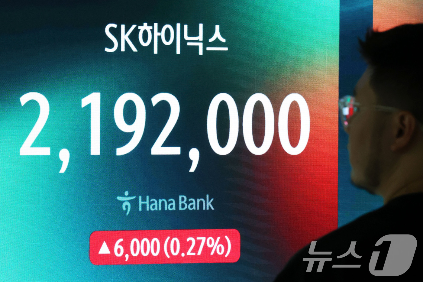 (서울=뉴스1) 이종수 기자 = 10일 서울 중구 하나은행 본점 딜링룸 전광판에 SK하이닉스 주가가 표시되고 있다.SK하이닉스는 미국 주식예탁증서(ADR) 공모가를 주당 149달러 …