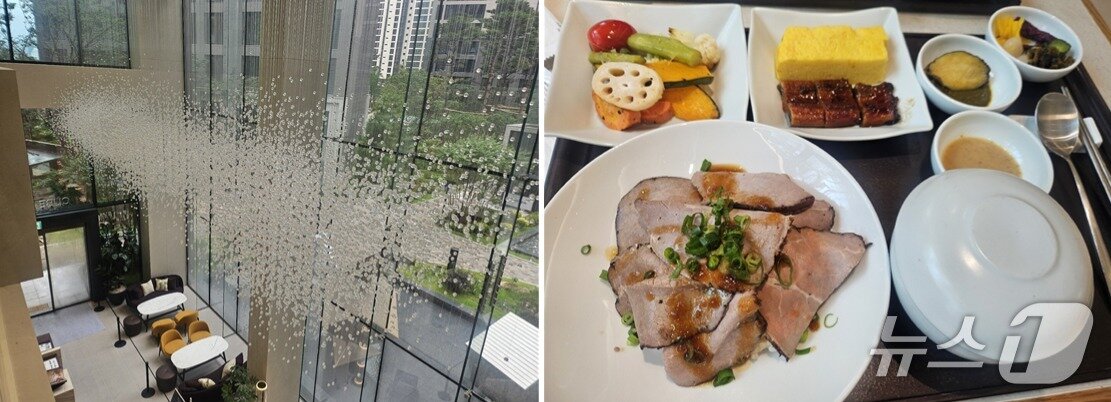 본문 이미지 -  아트 라운지 '큐브 아틀리에'(왼쪽)과 '다이닝 라운지'에서 제공된 식사. 2026. 07. 10. 오현주 기자 