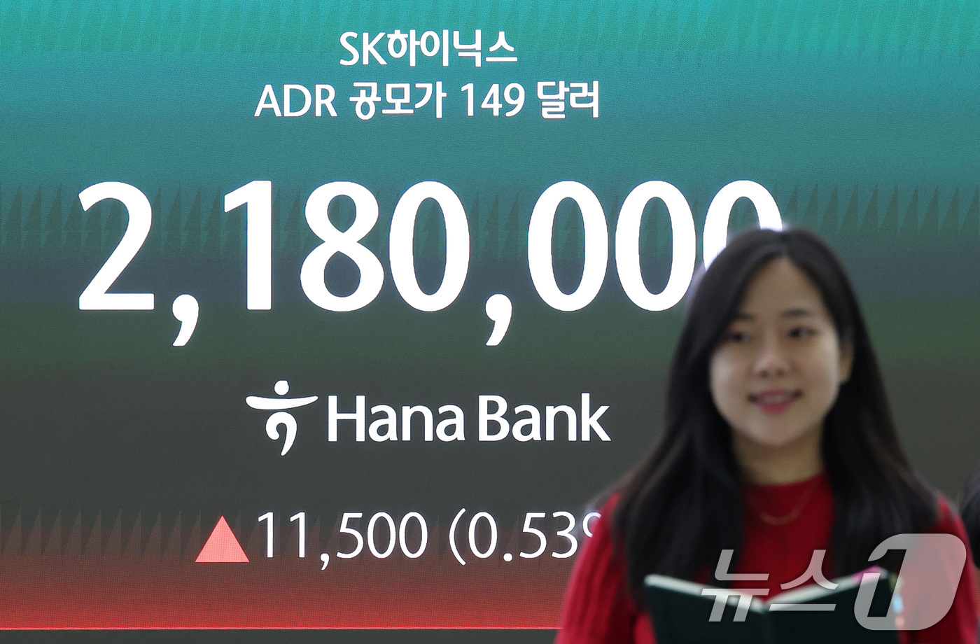 (서울=뉴스1) 김성진 기자 = 10일 서울 중구 하나은행 본점 딜링룸 전광판에 SK하이닉스 ADR 공모가가 나오고 있다.이날 코스피는 전일 종가와 비교해 184.03포인트(p)( …