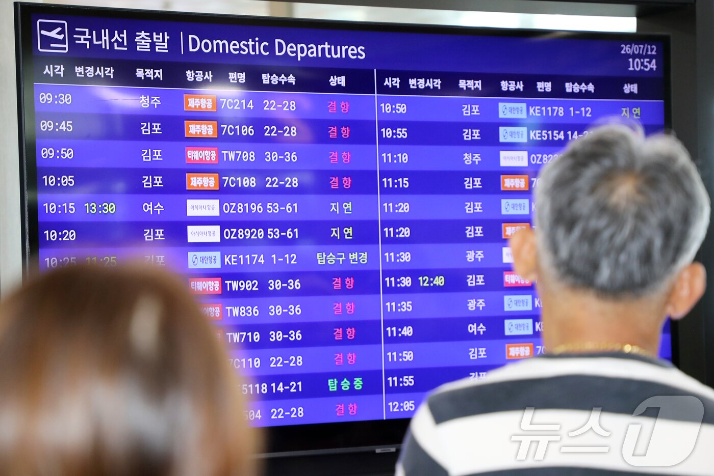 본문 이미지 - 11일 오전 강풍 경보와 급변풍 경보가 내려진 제주국제공항에 항공기 결항이 잇따르고 있다. 2026.7.12 ⓒ 뉴스1 오미란 기자