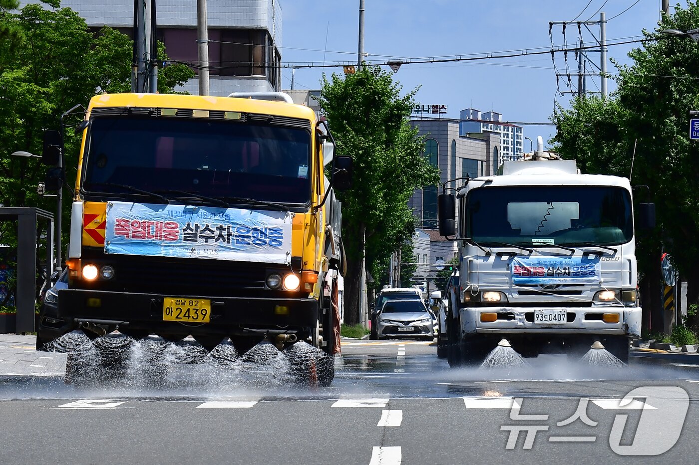 본문 이미지 - 경북 포항시 전역에 폭염 중대경보가 발령된 12일 포항시 북구청 소속 살수차량이 도로에 살수 작업을 하고 있다. 포항시는 폭염 중대경보가 발령되지 재난 상황 2단계를 발령하고 재난부서 및 필수인력에 대한 비상근무를 명령했다. 2026.7.12 ⓒ 뉴스1 최창호 기자