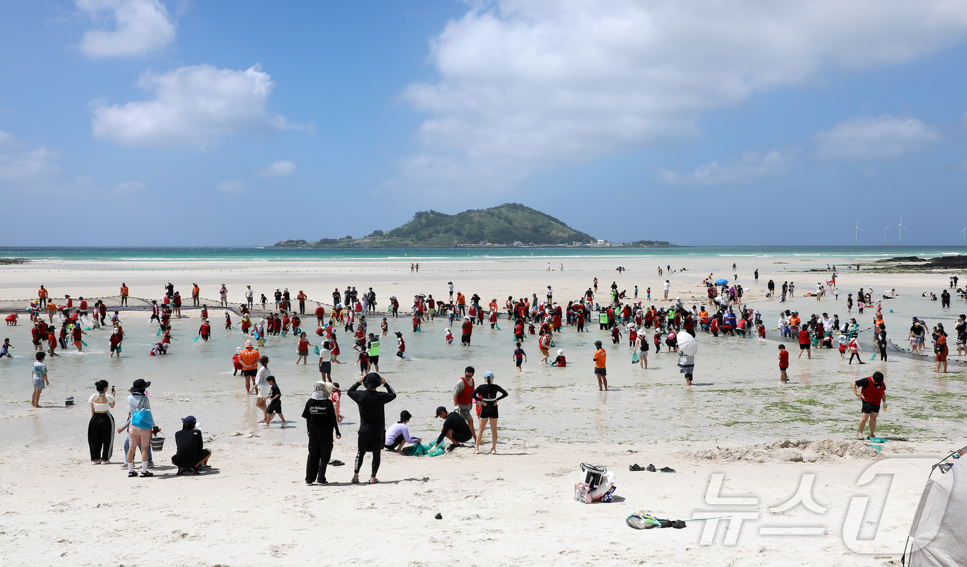 (제주=뉴스1) 오미란 기자 = 12일 오후 제주시 한림읍 금능해수욕장에서 열린 제17회 금능원담축제에서 참가자들이 맨손 고기잡기 체험을 하고 있다. 2026.7.12/뉴스1