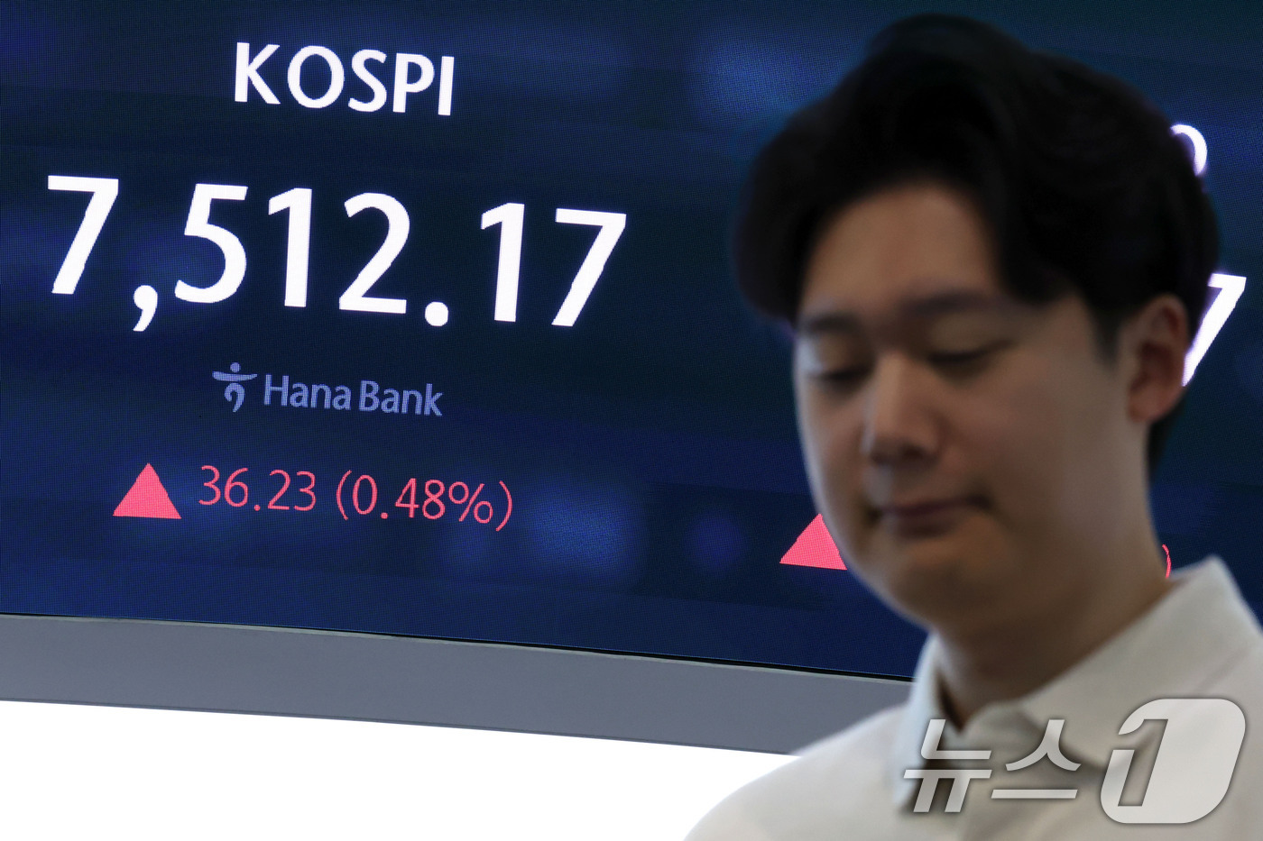 (서울=뉴스1) 이종수 기자 = 13일 오전 서울 중구 하나은행 딜링룸 전광판에 코스피 지수와 원달러 환율이 표시되고 있다. 전 거래일 대비 63.91포인트(-0.85%) 내린 7 …
