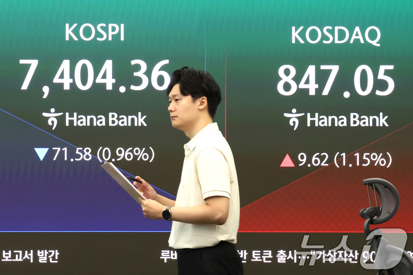 (서울=뉴스1) 이종수 기자 = 13일 오전 서울 중구 하나은행 딜링룸 전광판에 코스피와 코스닥 지수가 표시되고 있다. 이날 코스피 지수는 전 거래일 대비 63.91포인트(-0.8 …